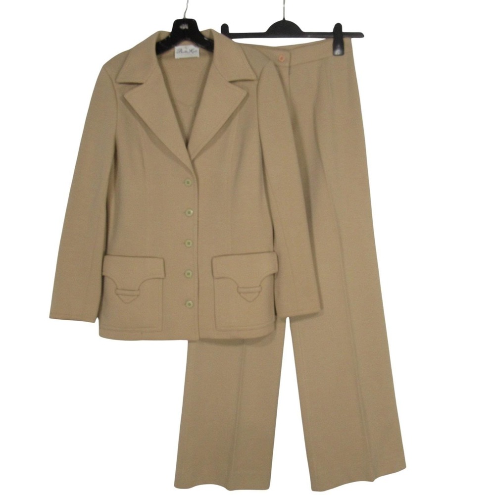 Vtg BUTTE KNIT Tan Wool Blend Button-Up Straight Leg Jacket/Pants OUTFIT Set S